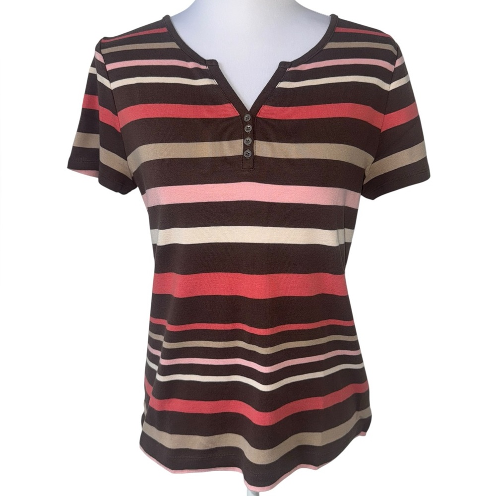 Croft & Barrow Women’s Striped Henley T Shirt Brown Pink Cotton Size M Y2K